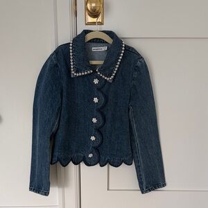 Self-Portrait Blue Denim Jacket with Crystal Accents